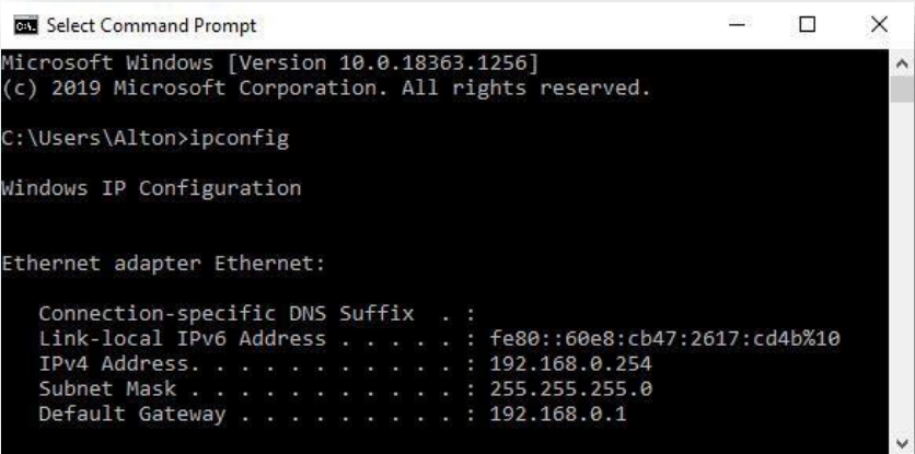 ipconfig showing IP, Subnet Mask, Default Gateway